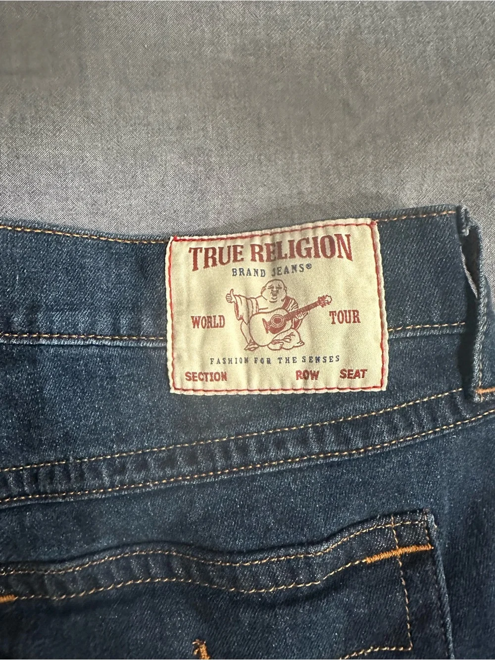 True Religion Men’s Dark Blue Boot Cut Jeans with Signature Pocket Stitch
